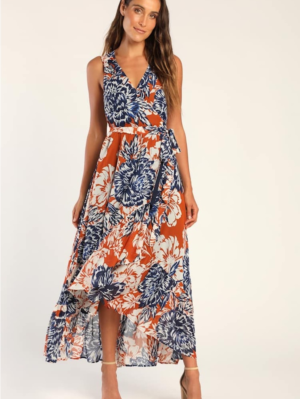 Desert Trip Rust Orange Floral Print High-Low Wrap Dress sz S